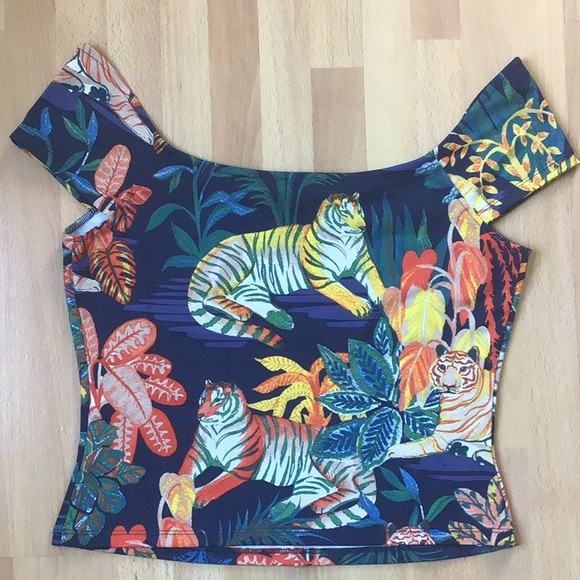Anthro Maeve Tiger Jungle Print Top Off-Shoulder Knit Jungle Print - Picture 11 of 12